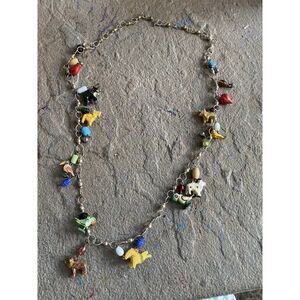 Vintage Tropicana Necklace Silver Wooden Animals Birds Chain Parrot Hearts NG